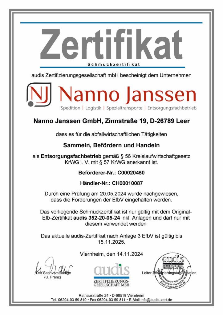 Schmuckzertifikat der Nanno Janssen GmbH